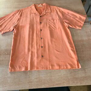Tommy Bahama 100% Silk Shirt Men L Orange Floral Hula Girl Button Up Pocket